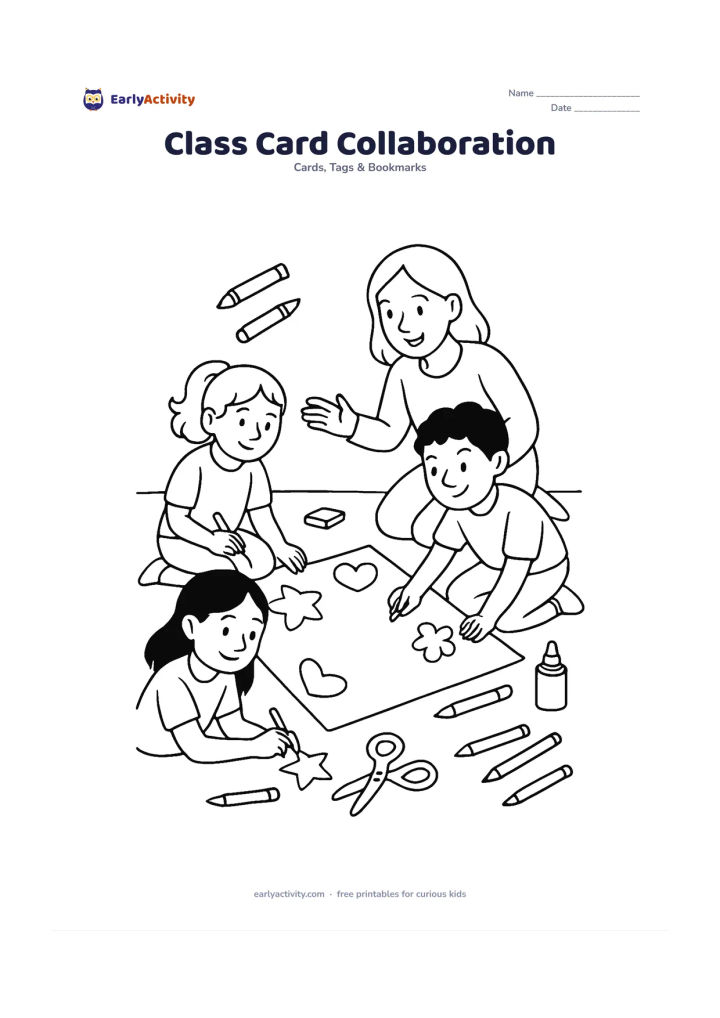 Worksheet: A group of children work together around a large unfolded card on a classroom floor, adding blank decorative shapes while their teacher guides them. Surround the scene with crayons,…