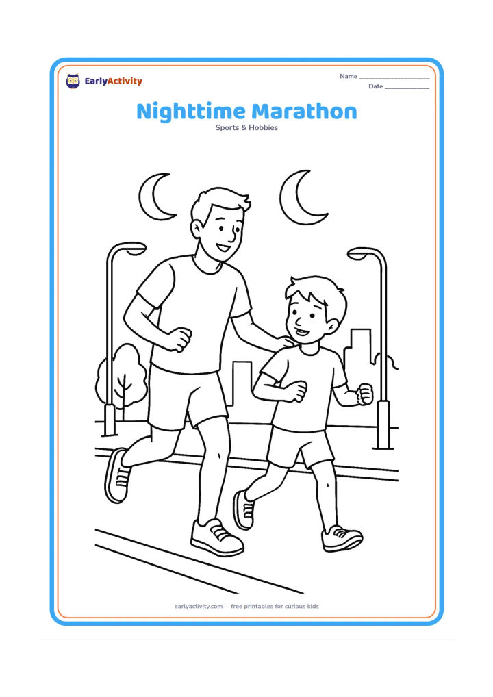 Colouring page: An adult runner and a child runner move together along a city road at evening, with a crescent moon, streetlights, trees and a few distant buildings. Show their linked rhythm and…