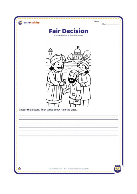 Printable: Show Akbar handing a reward to the poor man while Birbal stands beside them approvingly near the lake. The distant lamp and palace garden remain in the background.