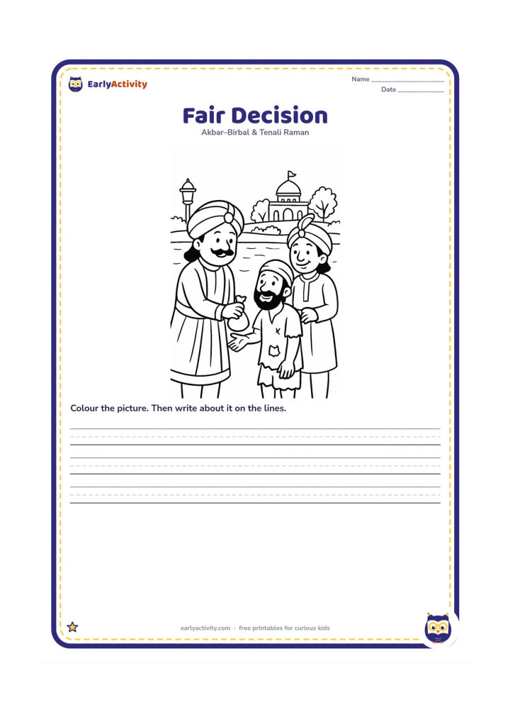 Printable: Show Akbar handing a reward to the poor man while Birbal stands beside them approvingly near the lake. The distant lamp and palace garden remain in the background.