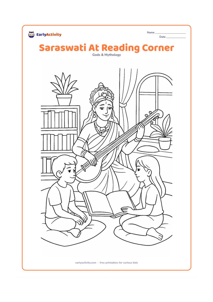 Colouring page: Saraswati sits in a cozy reading corner with two children, opening a large blank book beside a veena. Surround them with a low bookshelf of blank-spined books, floor cushions, a window…