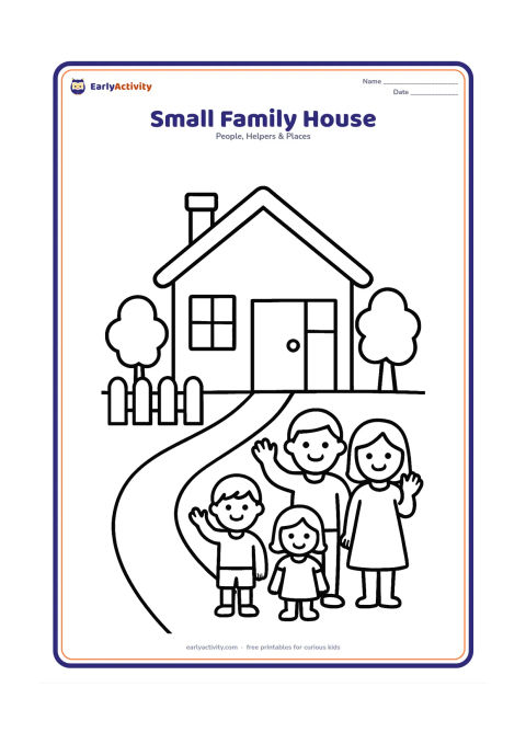 Colouring page: Draw a cheerful small house with a pitched roof, front door, two large windows, a short path, fence, two trees and a family waving outside. Keep the house centered with very large open…