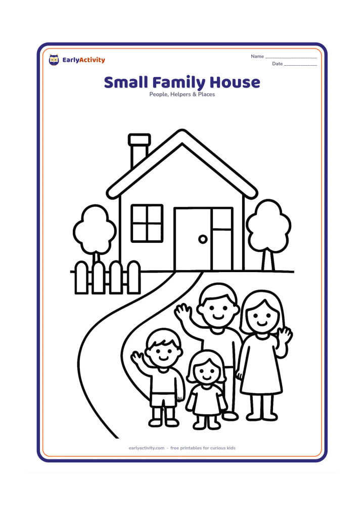 Colouring page: Draw a cheerful small house with a pitched roof, front door, two large windows, a short path, fence, two trees and a family waving outside. Keep the house centered with very large open…