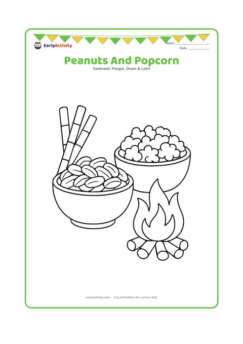 Colouring page: Draw two large bowls, one filled with peanuts and one filled with popcorn, beside a small Lohri bonfire. Add three sugarcane pieces leaning against the bowls.