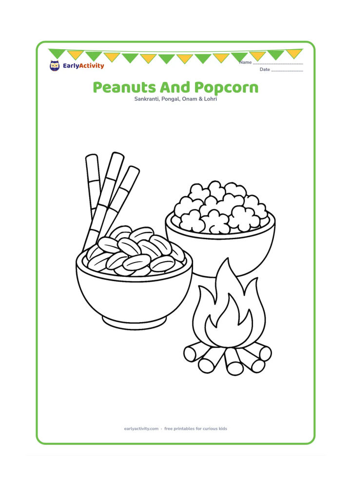Colouring page: Draw two large bowls, one filled with peanuts and one filled with popcorn, beside a small Lohri bonfire. Add three sugarcane pieces leaning against the bowls.