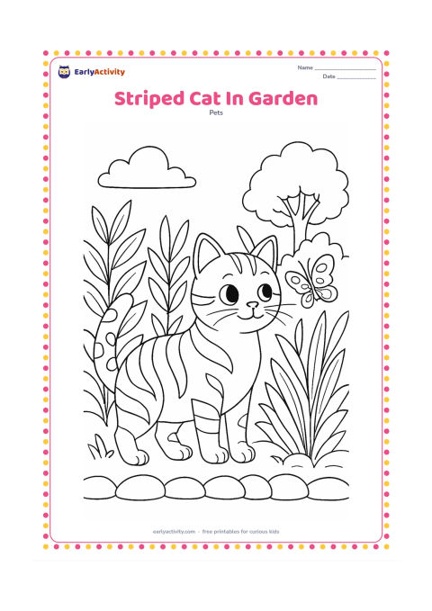 Colouring page: Draw a cat standing among tall garden plants, with curved body stripes, a spotted tail, and a butterfly resting nearby. Add layered leaves, a stone border, and a distant tree.