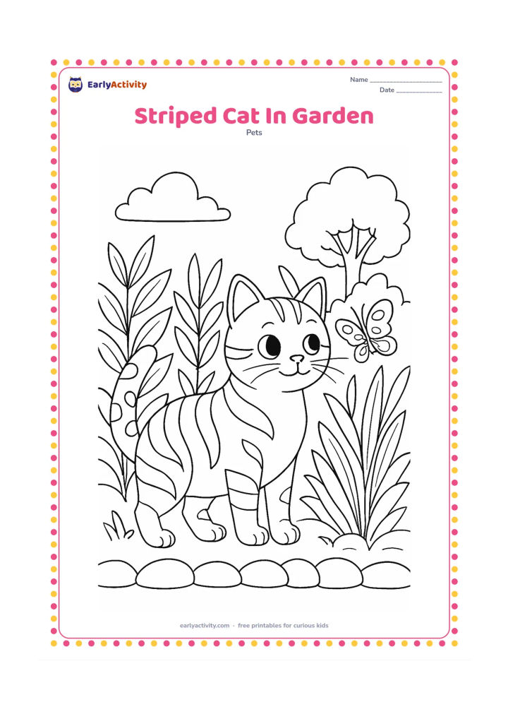 Colouring page: Draw a cat standing among tall garden plants, with curved body stripes, a spotted tail, and a butterfly resting nearby. Add layered leaves, a stone border, and a distant tree.