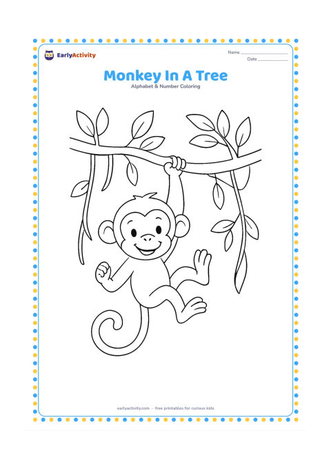 Colouring page: Draw a monkey swinging from a low tree branch by one arm, with its legs lifted and its tail curling around a second branch. Add leaves and a few hanging vines.