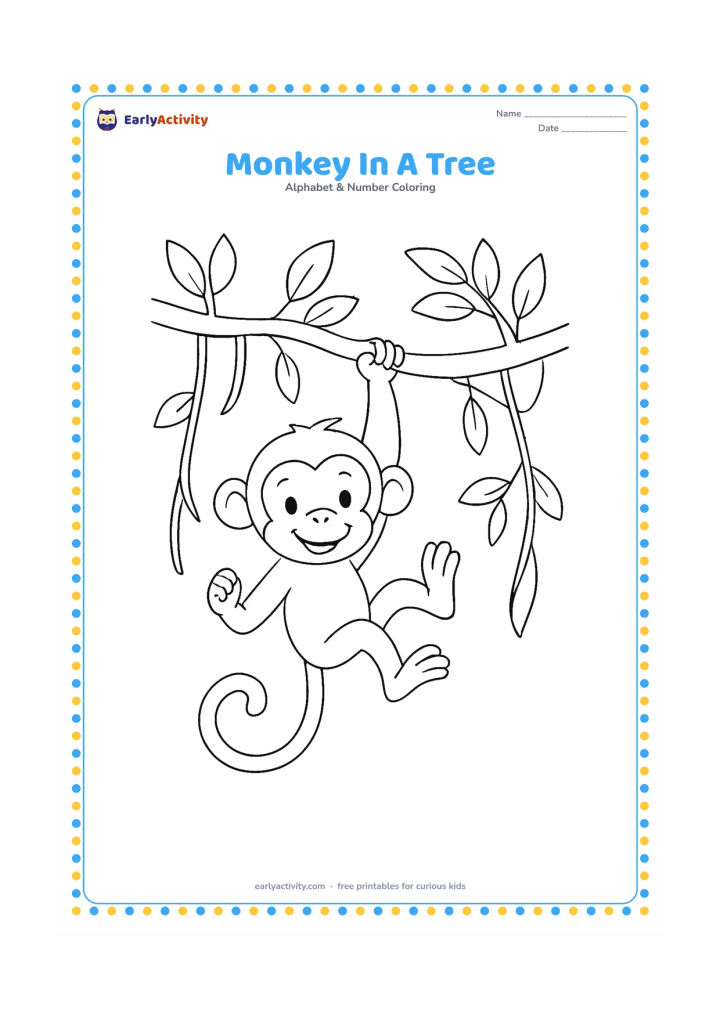 Colouring page: Draw a monkey swinging from a low tree branch by one arm, with its legs lifted and its tail curling around a second branch. Add leaves and a few hanging vines.