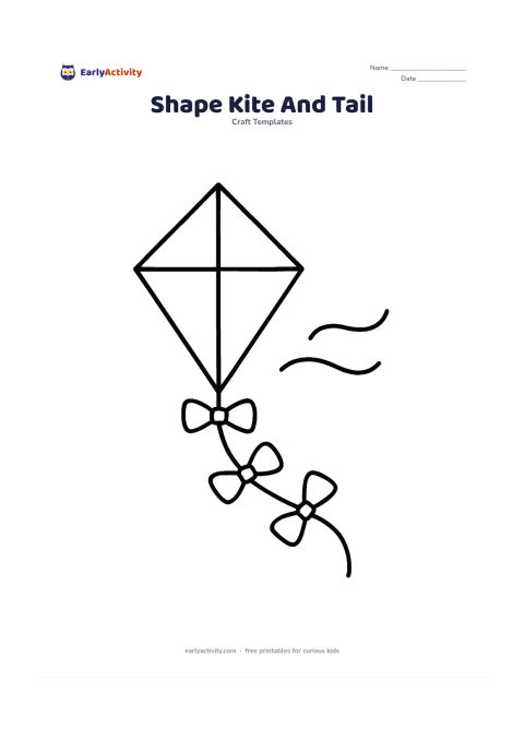 Worksheet: Show a large diamond kite as a separate outline, with a long straight rectangle tail and three large bow shapes below it. Add a simple curved wind line in the background.