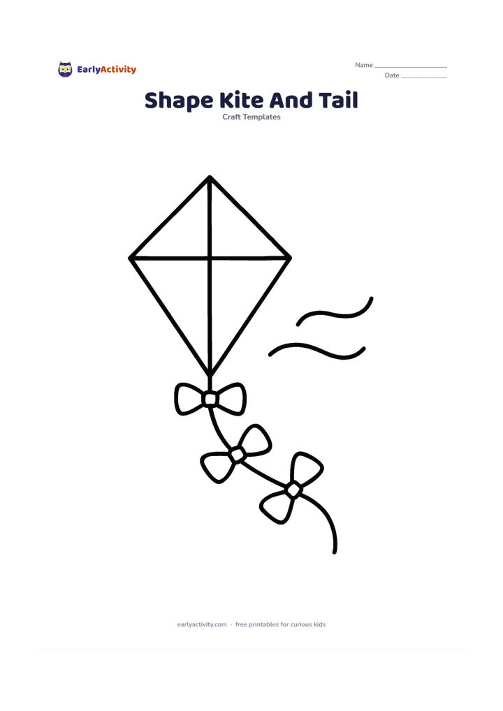 Worksheet: Show a large diamond kite as a separate outline, with a long straight rectangle tail and three large bow shapes below it. Add a simple curved wind line in the background.