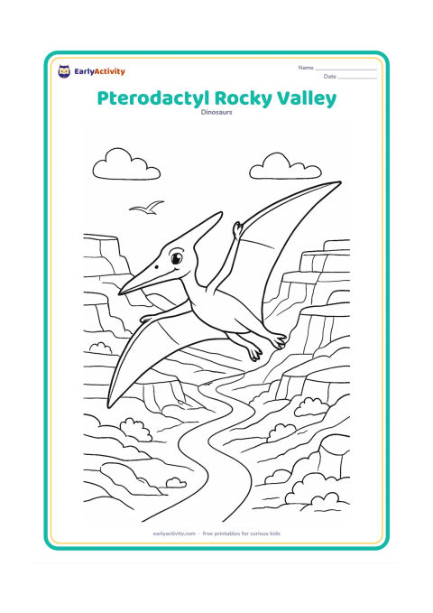 Colouring page: Draw a Pterodactyl gliding over a rocky valley with wings spread wide. Include layered cliffs, a winding path, small shrubs and two distant flying shapes.