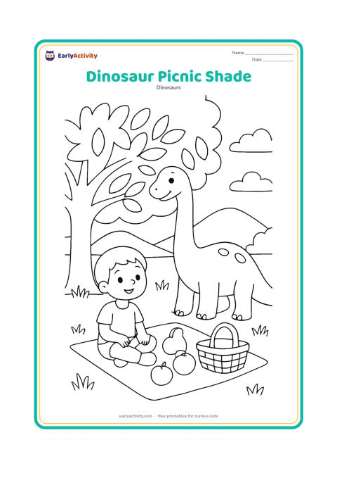 Colouring page: Draw a friendly child sitting on a mat beneath a broad tree beside a gentle Brachiosaurus, sharing a peaceful prehistoric scene with a basket and simple fruit shapes. Add grass, leaves…
