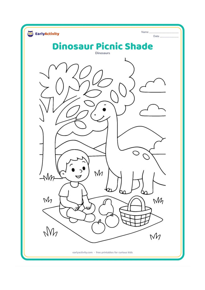 Colouring page: Draw a friendly child sitting on a mat beneath a broad tree beside a gentle Brachiosaurus, sharing a peaceful prehistoric scene with a basket and simple fruit shapes. Add grass, leaves…
