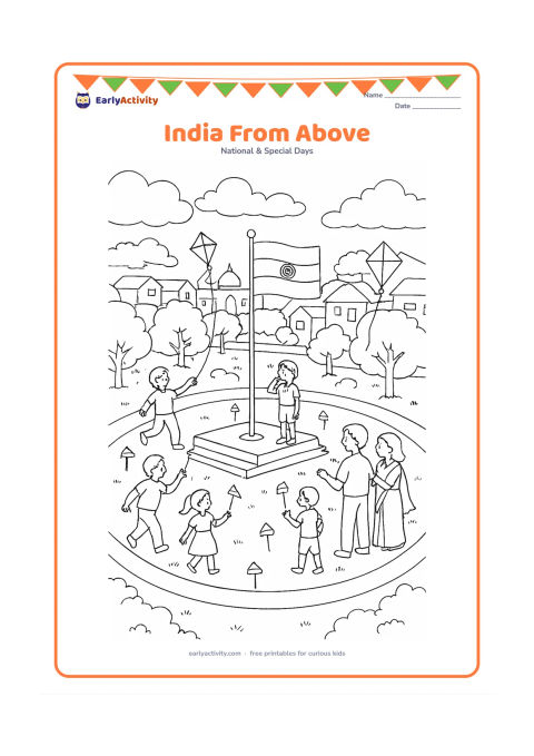 Colouring page: Draw a detailed aerial-style view of a town celebration with a central park, a flag-hoisting platform, children flying kites, families gathering and small Indian flags along paths.…