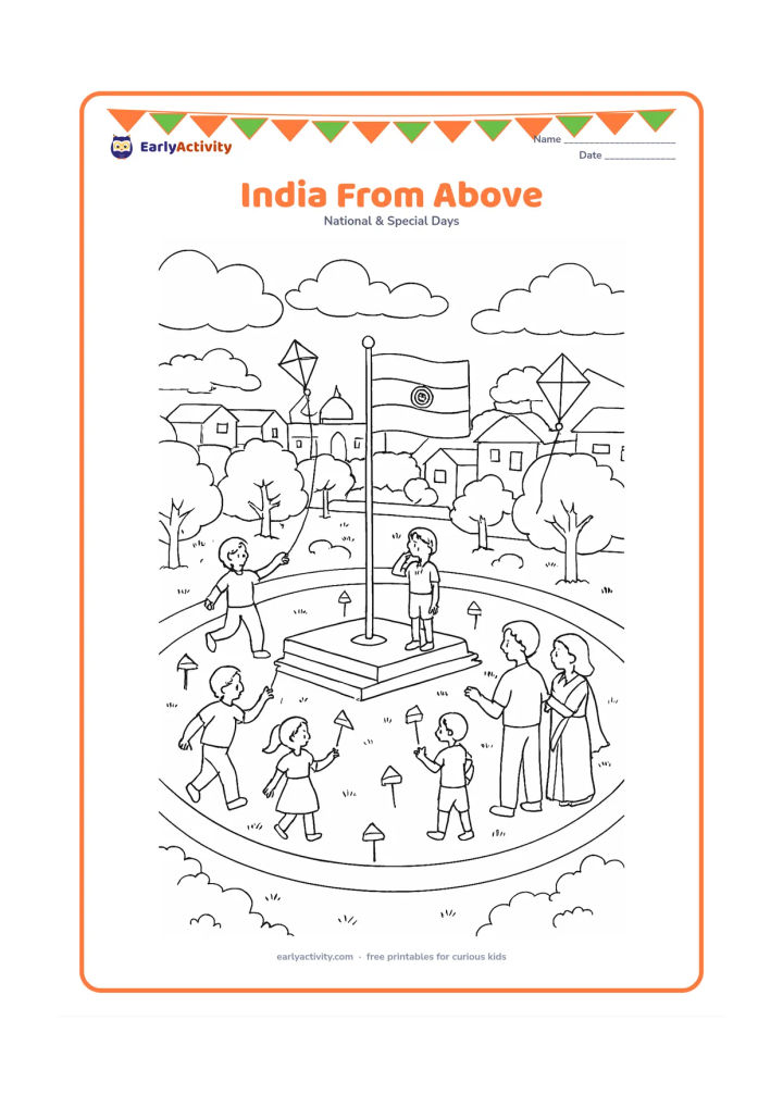 Colouring page: Draw a detailed aerial-style view of a town celebration with a central park, a flag-hoisting platform, children flying kites, families gathering and small Indian flags along paths.…