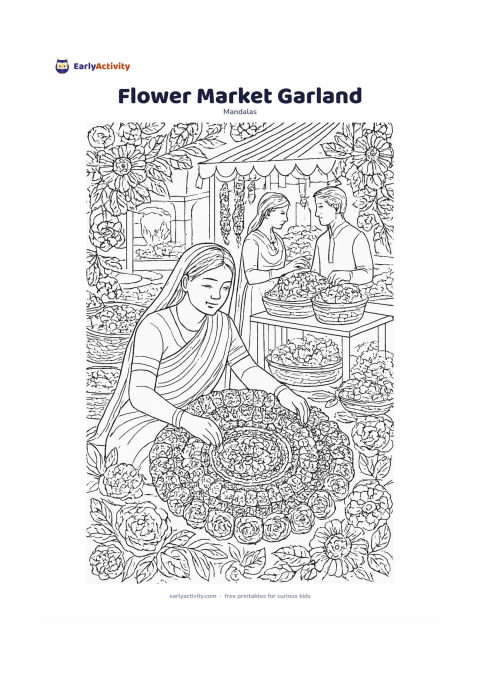 Colouring page: Show a seated flower seller arranging a large circular garland of marigolds, jasmine and roses, with the garland forming the main mandala. Add baskets of loose flowers, a shaded Indian…