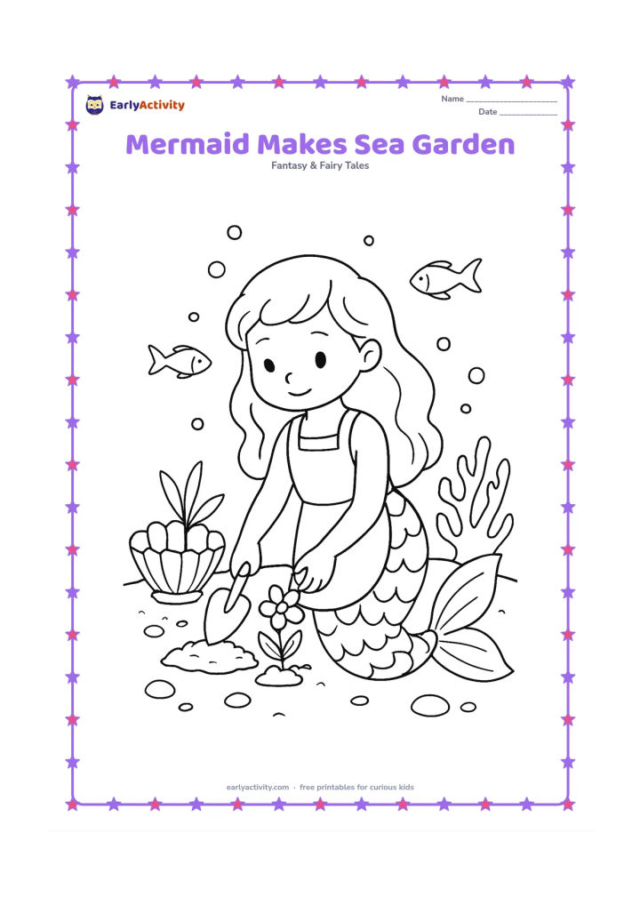 Colouring page: A mermaid plants a small sea flower beside a coral garden while wearing a simple gardening apron. Show a shell planter, a hand trowel, pebbles, fish and rising bubbles.