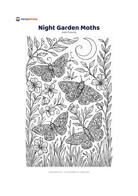 Colouring page: Draw several moths resting among night-blooming flowers, moonlit leaves, tall grasses, curling vines and a crescent moon in the background. Arrange the composition as a balanced garden…