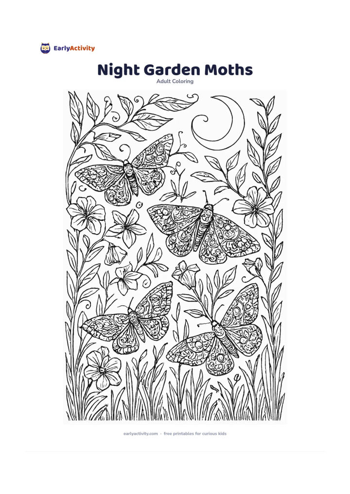 Colouring page: Draw several moths resting among night-blooming flowers, moonlit leaves, tall grasses, curling vines and a crescent moon in the background. Arrange the composition as a balanced garden…