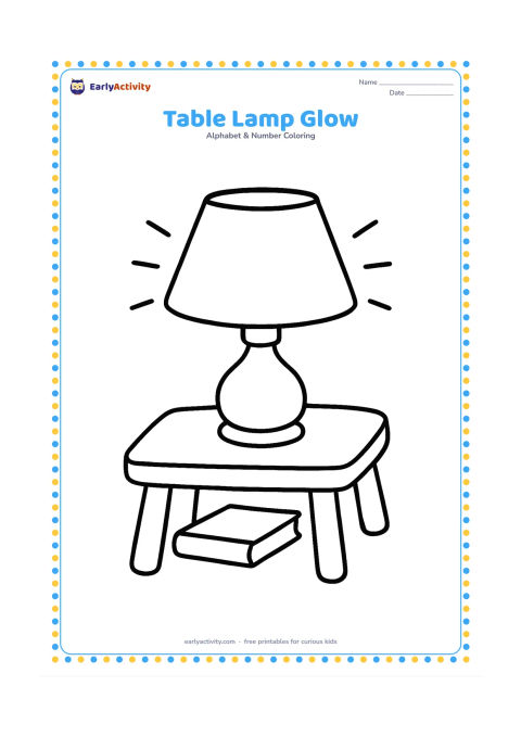 Colouring page: Draw a simple table lamp with a wide shade on a small table, surrounded by a few large curved rays showing light. Add one plain book shape on the table without any markings.