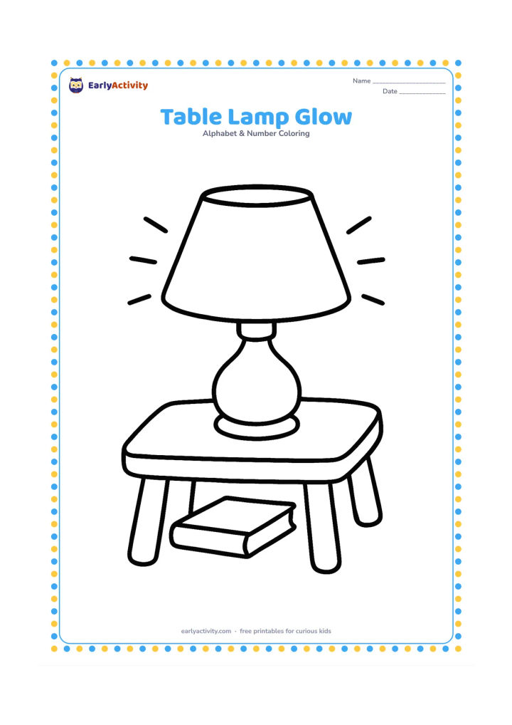 Colouring page: Draw a simple table lamp with a wide shade on a small table, surrounded by a few large curved rays showing light. Add one plain book shape on the table without any markings.