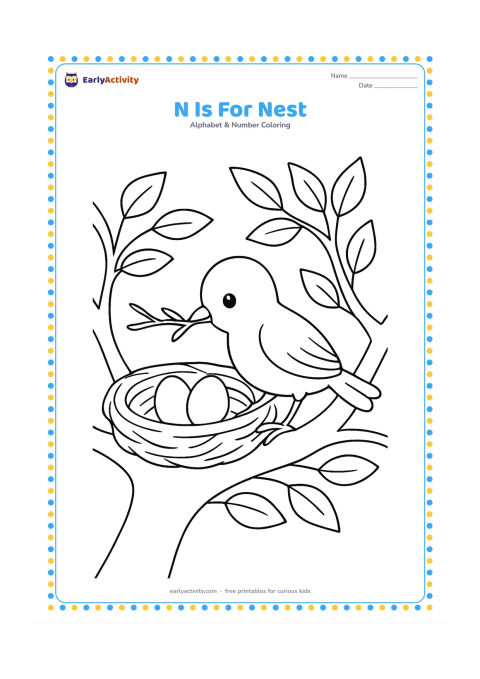 Colouring page: Draw a small bird bringing a twig to a nest in a tree, with two rounded eggs visible inside and leafy branches around it. Keep the nest and bird prominent.