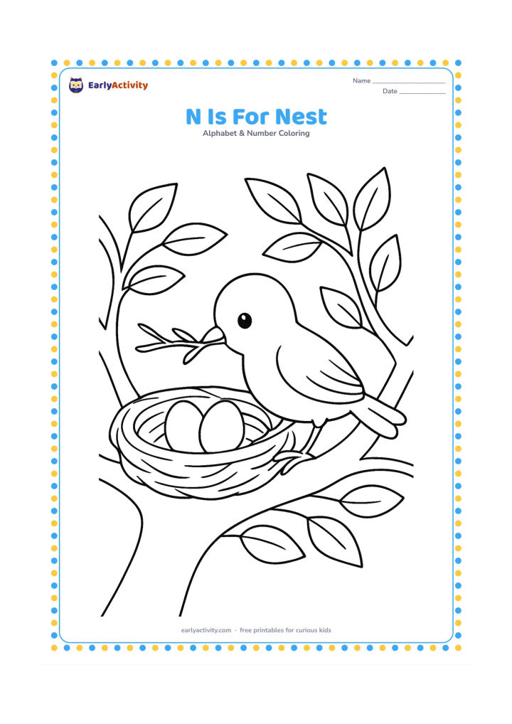 Colouring page: Draw a small bird bringing a twig to a nest in a tree, with two rounded eggs visible inside and leafy branches around it. Keep the nest and bird prominent.