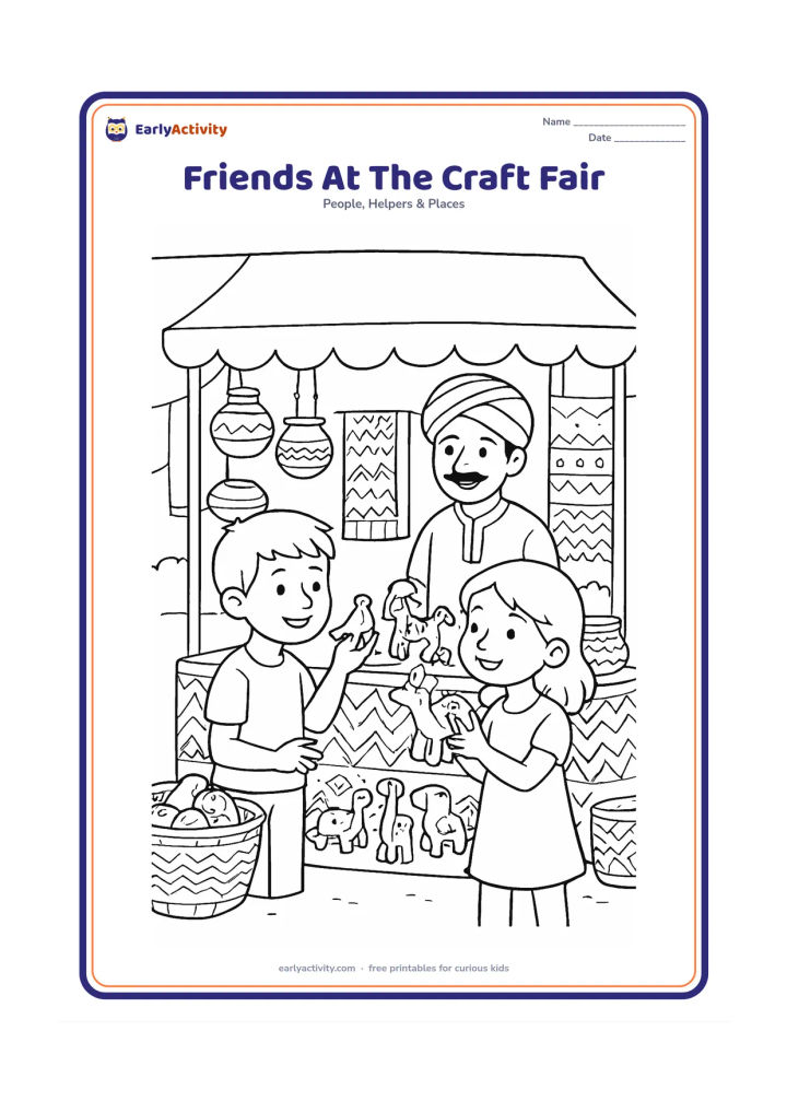 Colouring page: Two children visit a lively Indian craft fair and compare handmade clay toys at a stall, while a friendly vendor stands behind them. Include baskets, textiles with geometric patterns,…