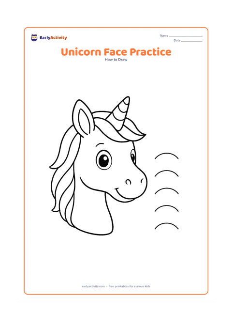 Worksheet: A three-quarter unicorn face with a lightly marked centre line, two lightly marked eye guides, rounded muzzle, alert ears, small horn and layered mane. Include a few separate curved…