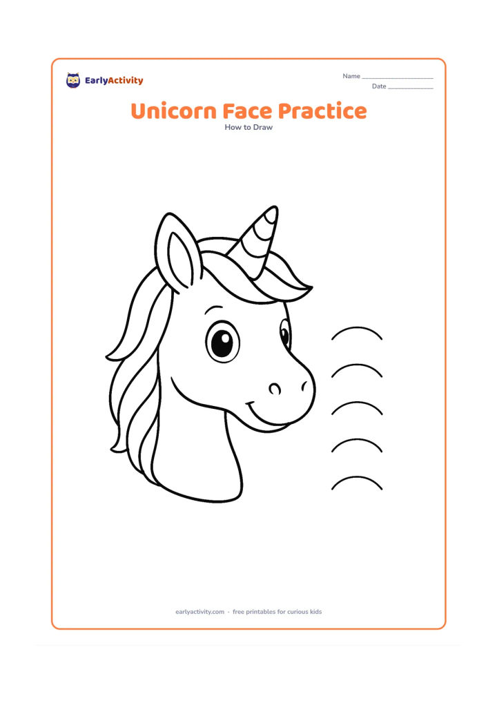 Worksheet: A three-quarter unicorn face with a lightly marked centre line, two lightly marked eye guides, rounded muzzle, alert ears, small horn and layered mane. Include a few separate curved…