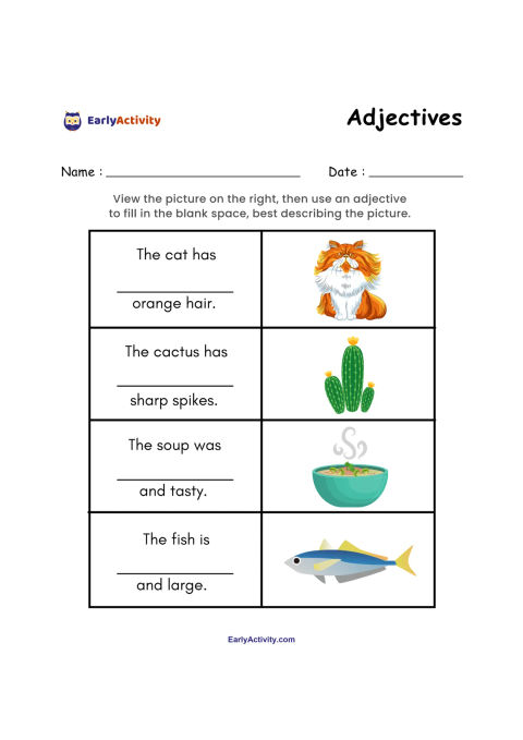Worksheet with four picture clues: a cat with orange hair, a cactus with spikes, a bowl of soup and a fish.