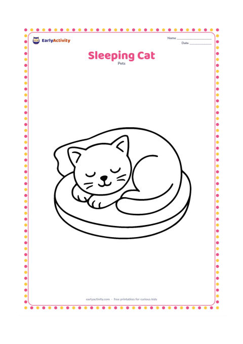 Colouring page: Draw a curled-up cat sleeping on a round cushion, with closed eyes, a tucked tail, and one small curved sleep mark-free resting pose. Add a simple blanket edge behind the cushion.