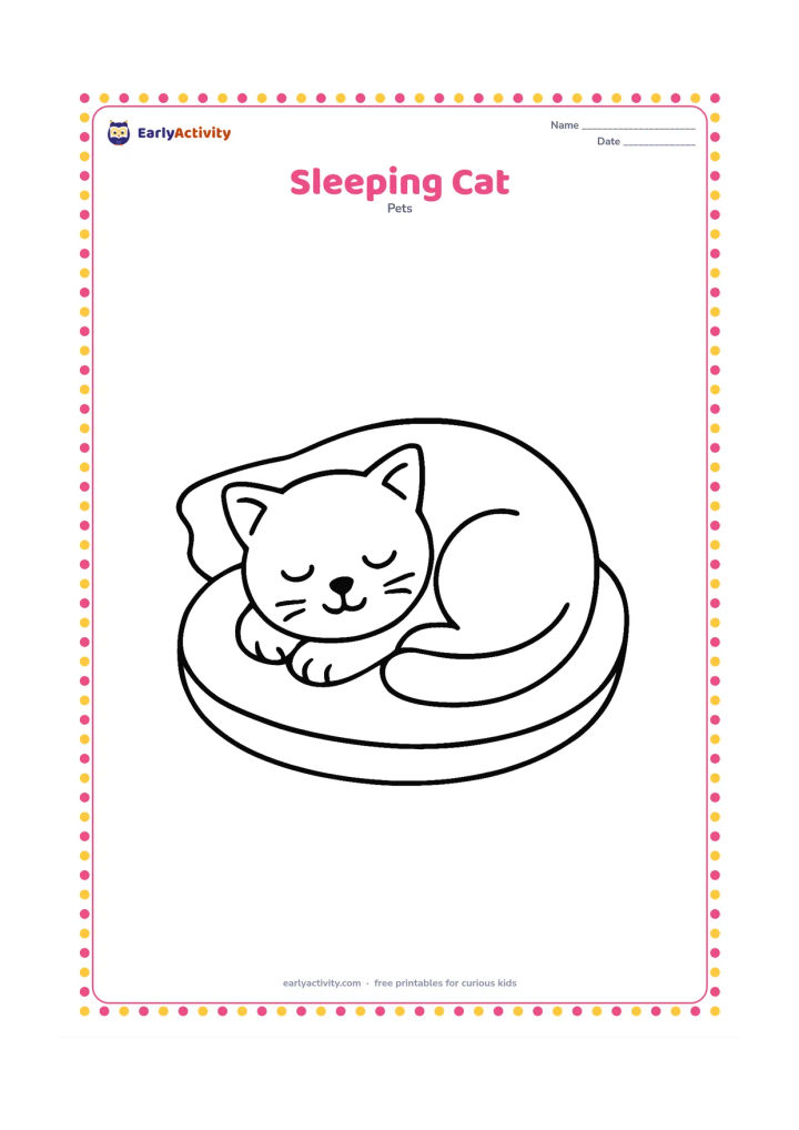 Colouring page: Draw a curled-up cat sleeping on a round cushion, with closed eyes, a tucked tail, and one small curved sleep mark-free resting pose. Add a simple blanket edge behind the cushion.