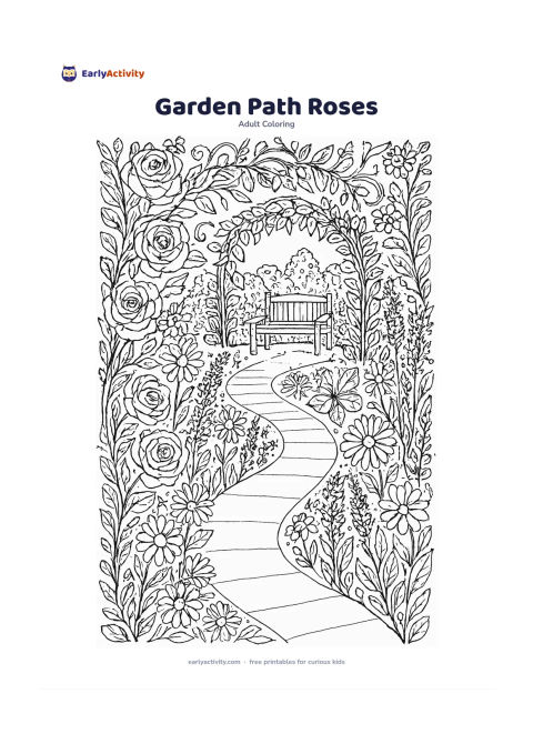 Colouring page: A winding garden path bordered by rose bushes, daisies, lavender-like flower spikes and curling vines. A small bench sits beneath an arch of leaves, with a butterfly resting on one flower.