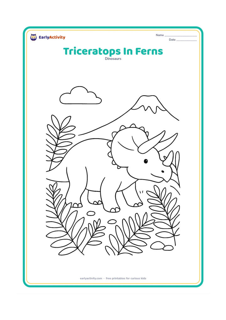 Colouring page: A Triceratops walks through a group of ferns, with its three horns and frill clearly visible. Add layered leaves, small rocks and a distant volcano with a calm, rounded top.