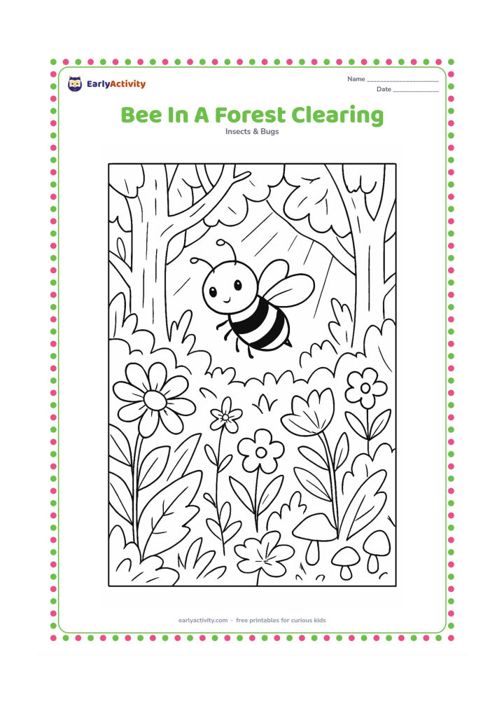 Colouring page: A bee visits wildflowers in a forest clearing with varied leaves, small mushrooms, tree trunks and sunbeams through the canopy. Keep the scene welcoming and bright rather than dark or…