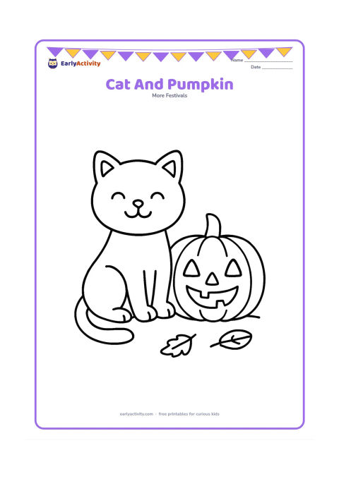 Colouring page: Draw a sitting cat with a curled tail beside a large smiling pumpkin. Add two simple fallen leaves and a small ground line.