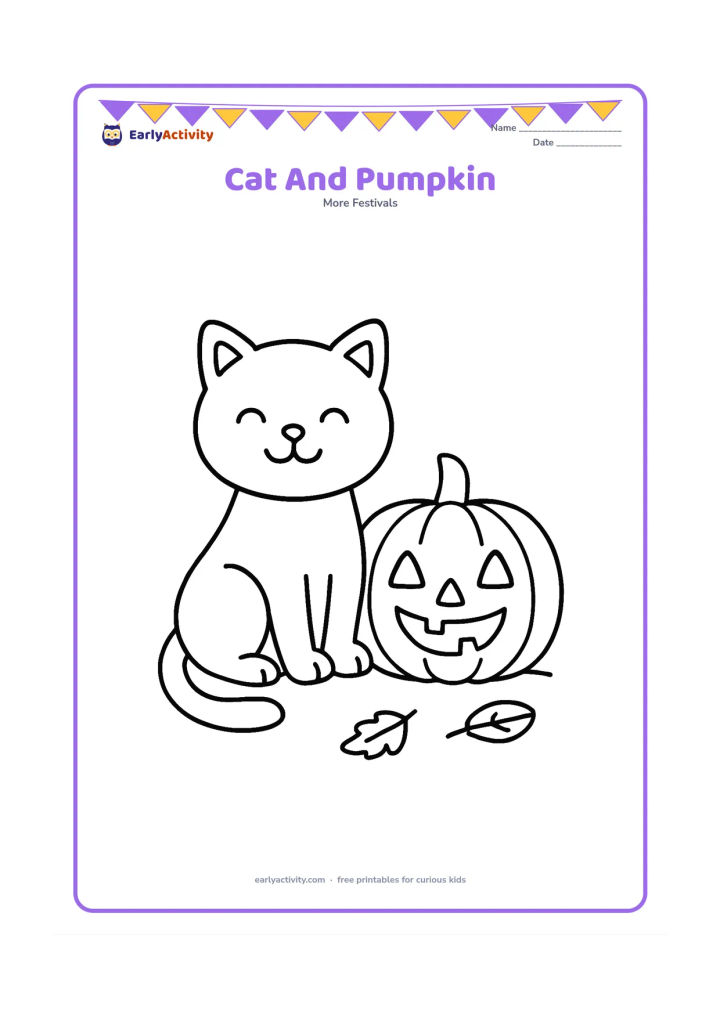 Colouring page: Draw a sitting cat with a curled tail beside a large smiling pumpkin. Add two simple fallen leaves and a small ground line.