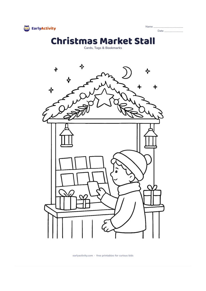 Worksheet: Draw a cosy Christmas market stall with a decorated evergreen roof, hanging bells, wrapped gifts and a child choosing a card from a display. Add a few simple lanterns and a quiet evening…