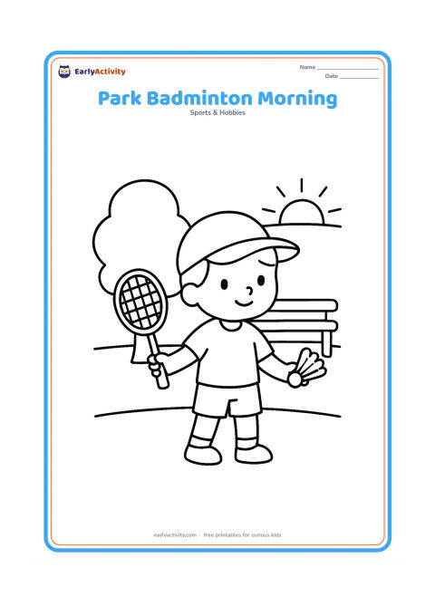 Colouring page: Draw one child preparing to serve on a simple park badminton court, holding a racket and shuttlecock. Include a rounded tree, a bench and a rising sun with no facial details required.