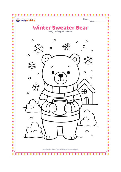 Colouring page: Draw a standing bear wearing a striped sweater and scarf, holding a warm mug with both paws. Add two snow-covered bushes, falling snowflakes and a small cottage shape behind it.
