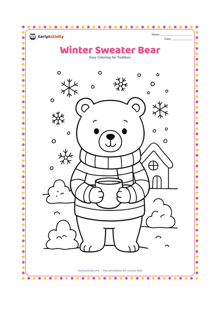 Colouring page: Draw a standing bear wearing a striped sweater and scarf, holding a warm mug with both paws. Add two snow-covered bushes, falling snowflakes and a small cottage shape behind it.
