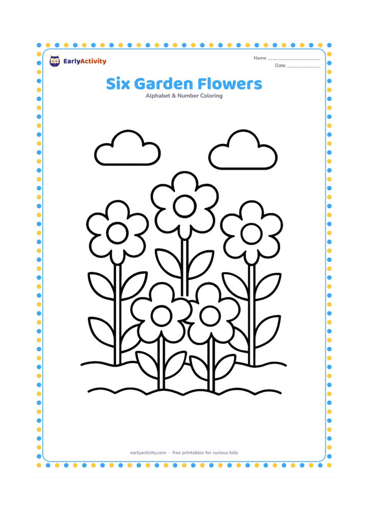 Colouring page: Draw exactly six large flowers growing in a short garden bed, with broad stems, leaves and a simple butterfly-free garden background. Arrange the flowers in a clear row or two tidy rows.