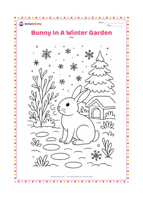 Colouring page: Draw a bunny sitting in a snowy garden beside bare shrubs and an evergreen tree, with delicate snowflakes, covered stepping stones, and a small sheltered hutch in the background. Show…