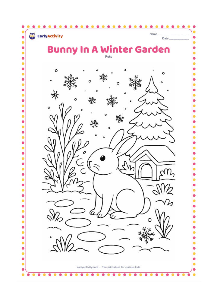 Colouring page: Draw a bunny sitting in a snowy garden beside bare shrubs and an evergreen tree, with delicate snowflakes, covered stepping stones, and a small sheltered hutch in the background. Show…