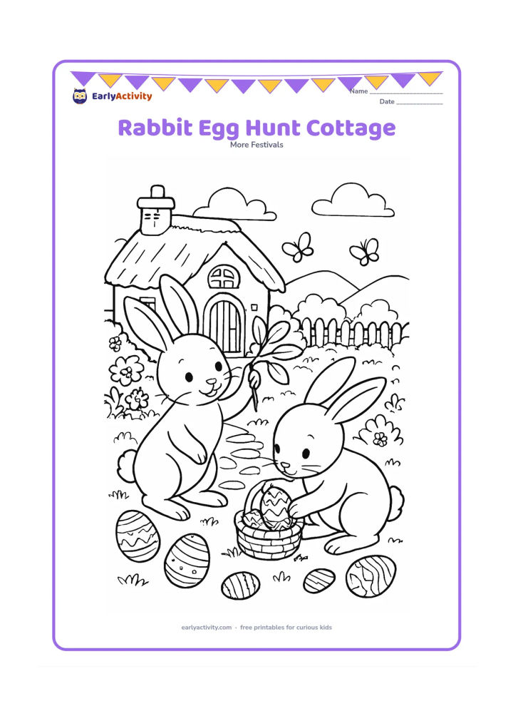 Colouring page: Two rabbits search for decorated eggs around a cottage garden, with one rabbit lifting a leafy branch and the other looking inside a basket. Include a cottage, stone path, flowering…