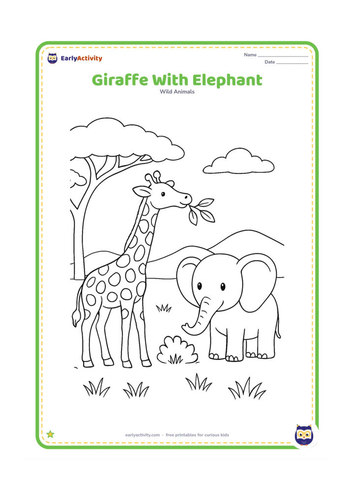 Colouring page: A giraffe and a friendly elephant share a savanna clearing, with the giraffe reaching toward leaves and the elephant standing near a small bush. Add an acacia tree, grass and distant hills.