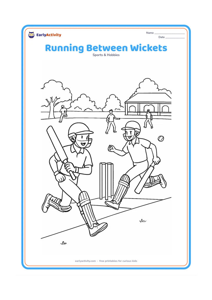 Colouring page: Two batters run in opposite directions between the two sets of wickets after a hit, carrying their bats. A fielder throws the ball toward the pitch while other fielders and a pavilion…