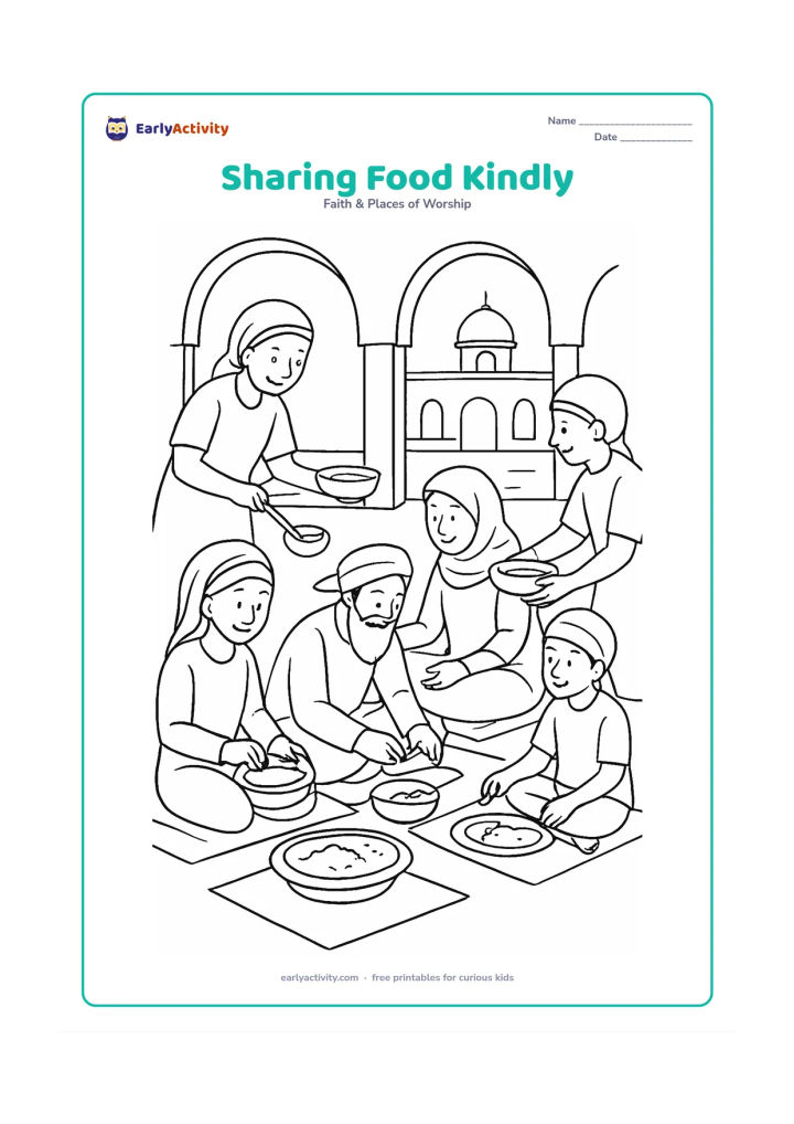 Colouring page: Show a seated langar group sharing a meal on floor mats, with volunteers passing bowls and children sitting beside adults. Include serving pots, simple wall arches and a view of the…